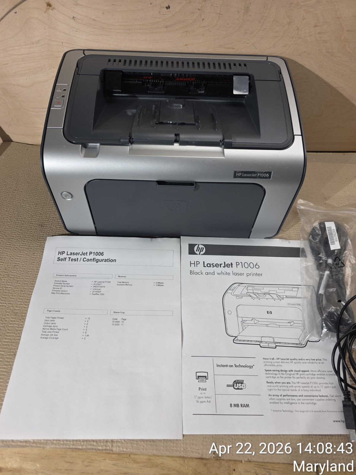 HP LaserJet P1006 Monochrome Laser Printer  New toner usb & power cable tested
