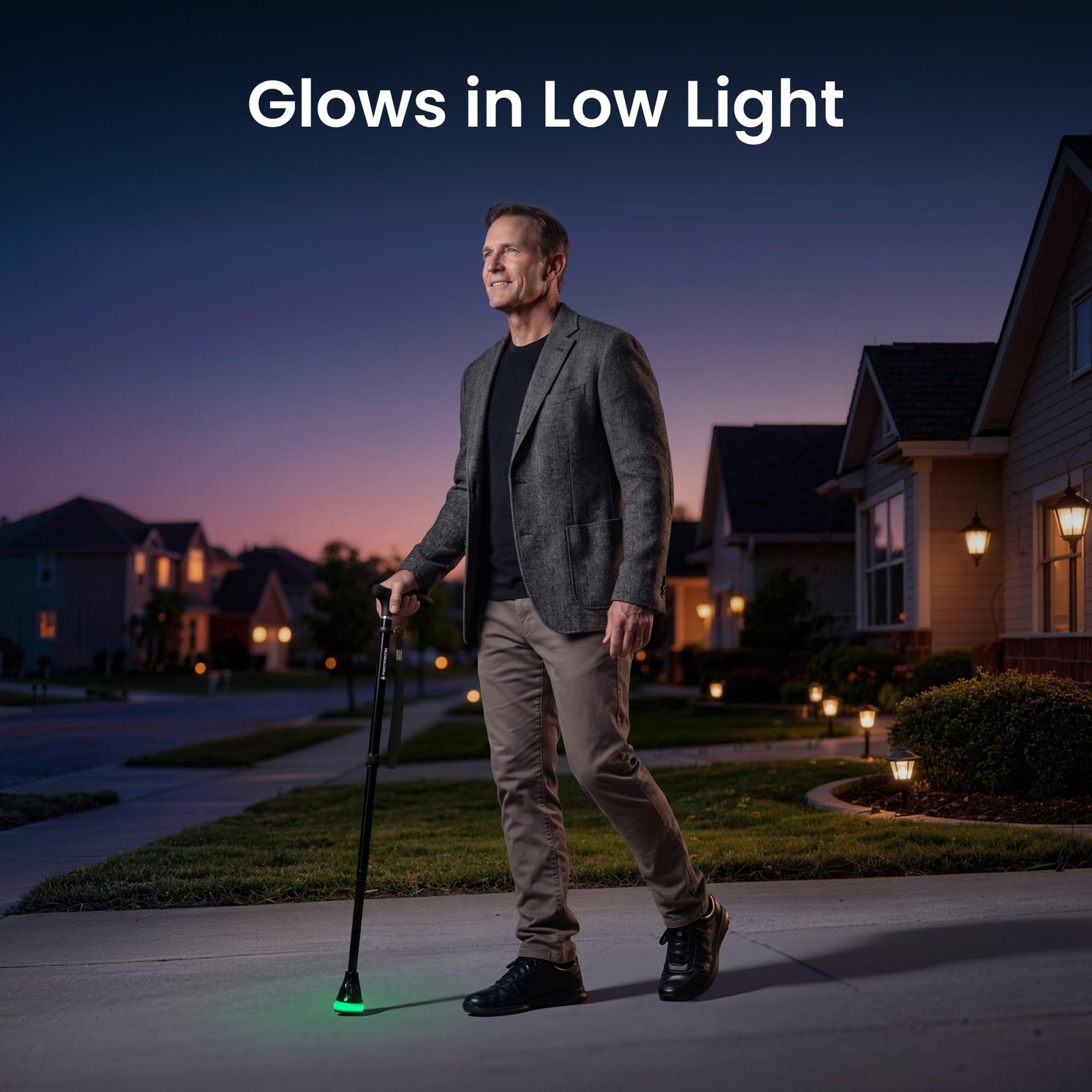 Foldable Walking Cane 350 Lbs Load Adjustable Height - Glow-in-the-Dark Tip