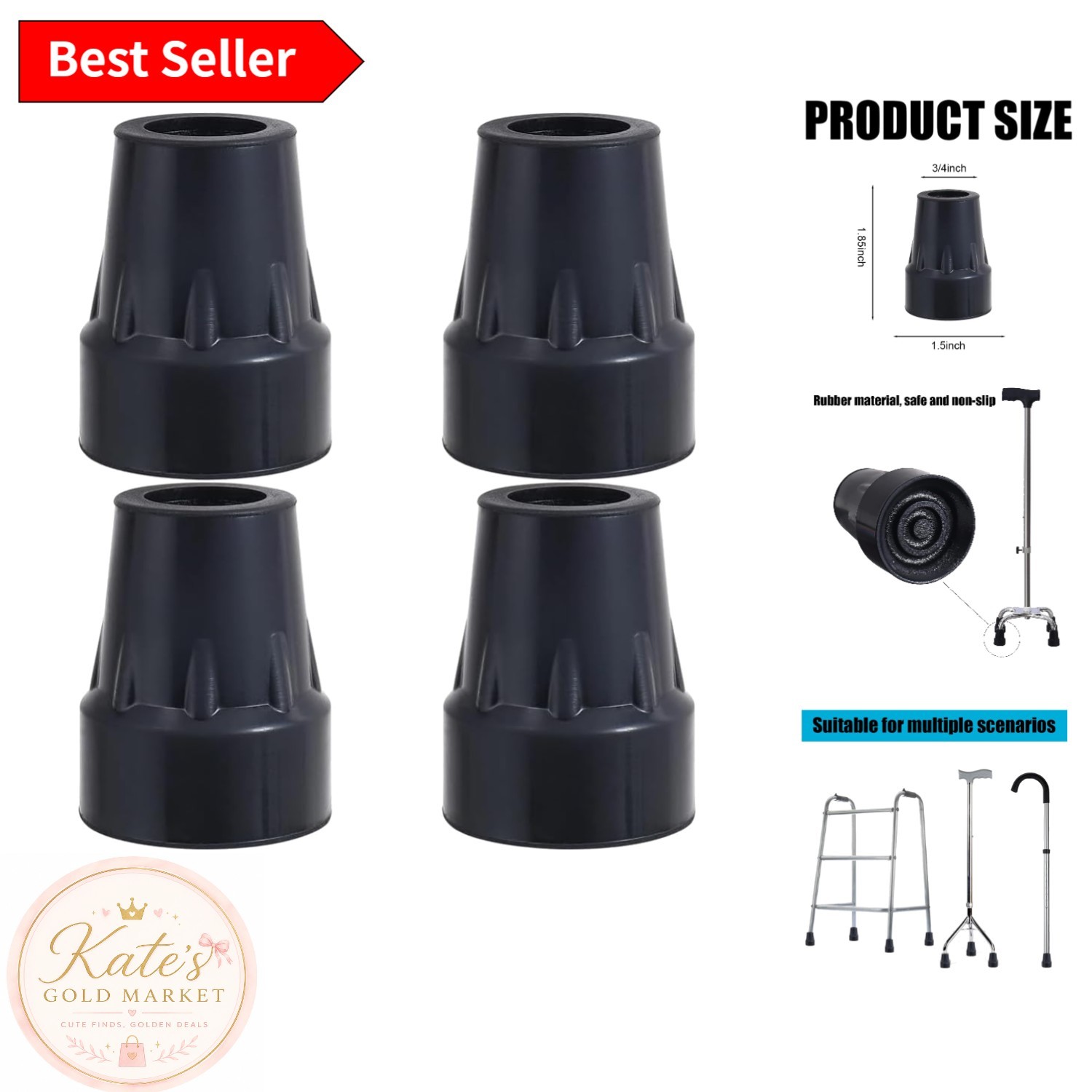 Safe and Sturdy 3/4” Cane Tips - Rubber Replacement Set with Shock Absorption