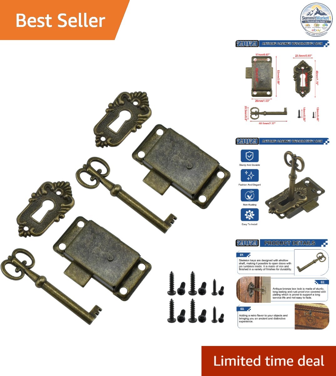 Bronze Antique Cabinet Lock 2Pcs with Skeleton Keys & Screws