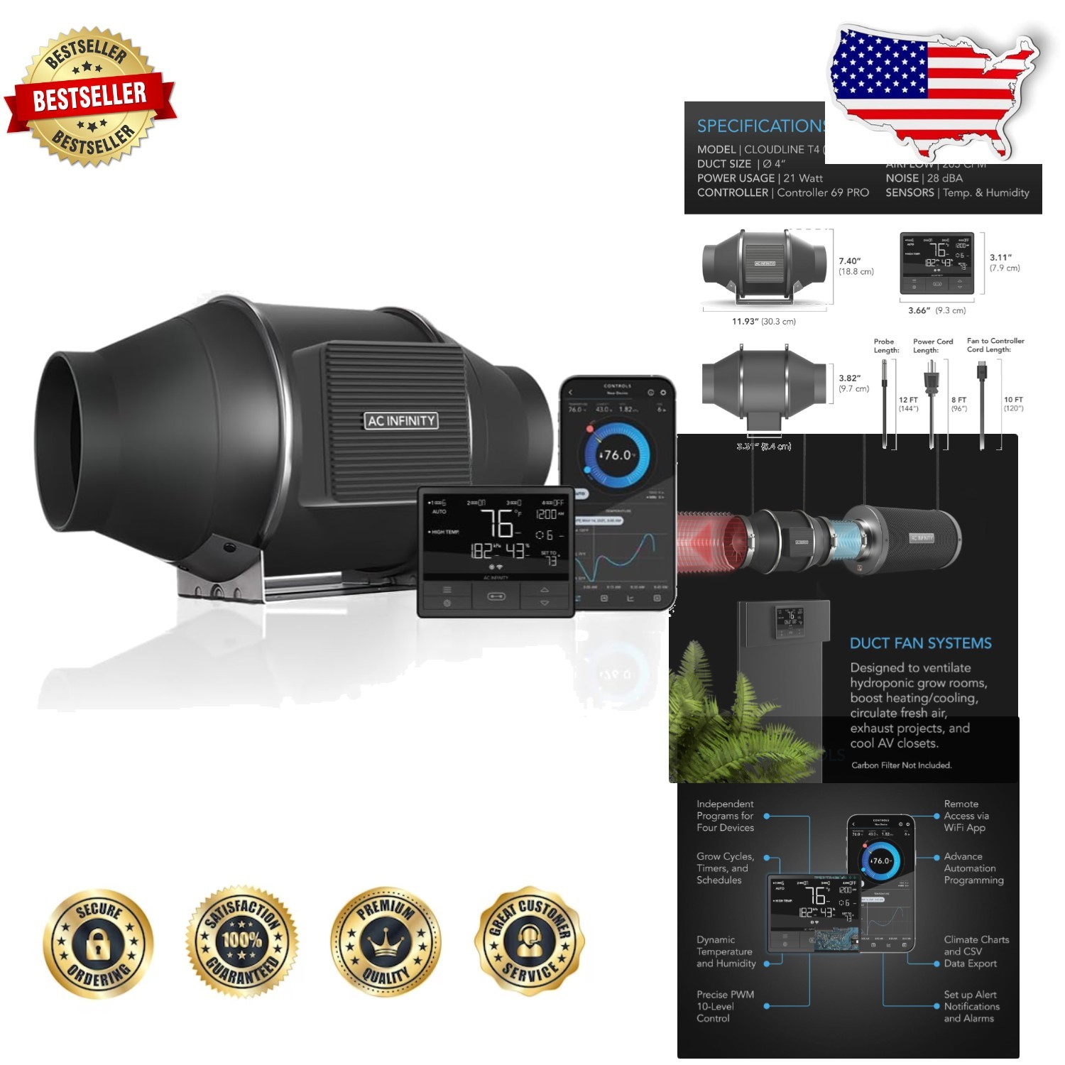 Cloudline T4 4" Inline Duct Fan - WiFi App Control, Temp/Humidity VPD, Quiet ...