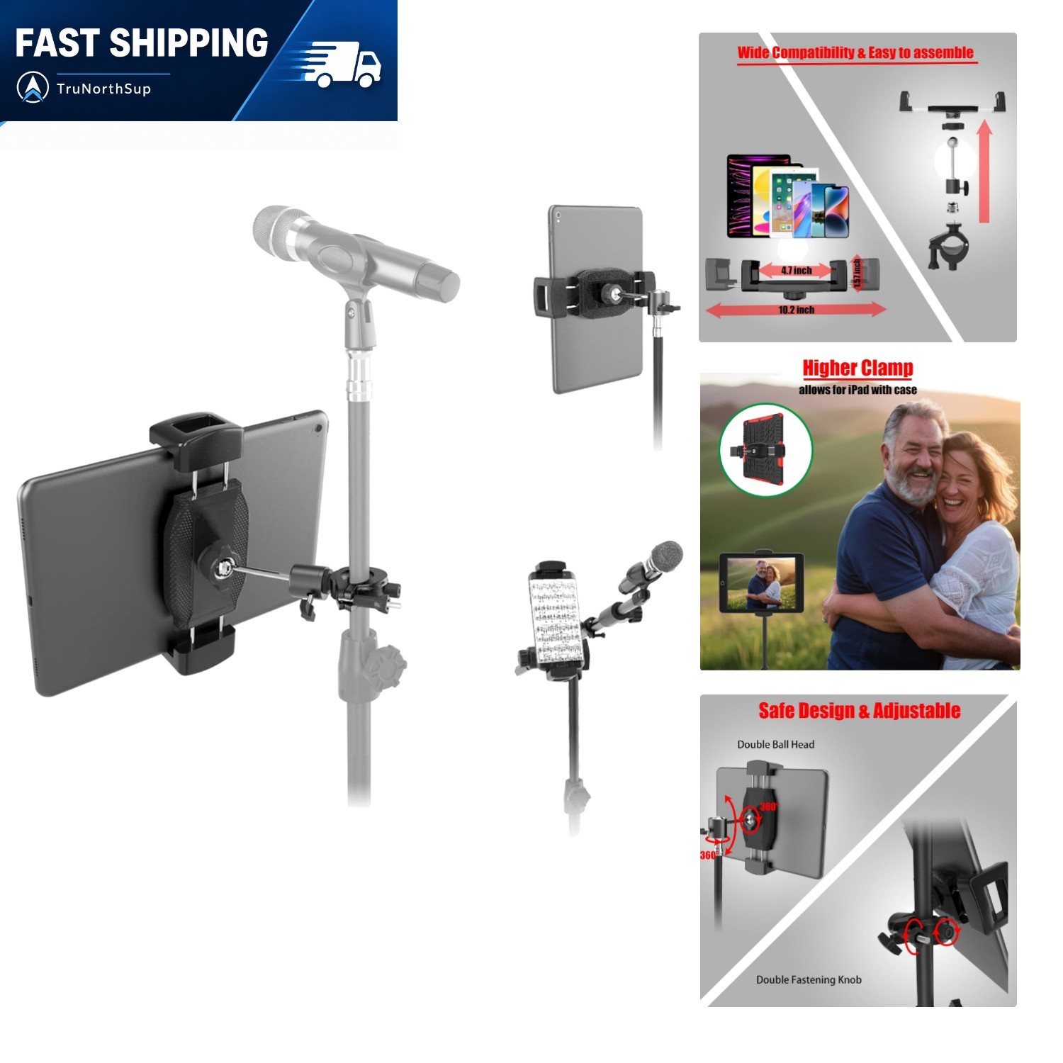 Tablet Holder for Mic Stand 360° Ball Head Adjustable Clamp for iPad Phone Ga...