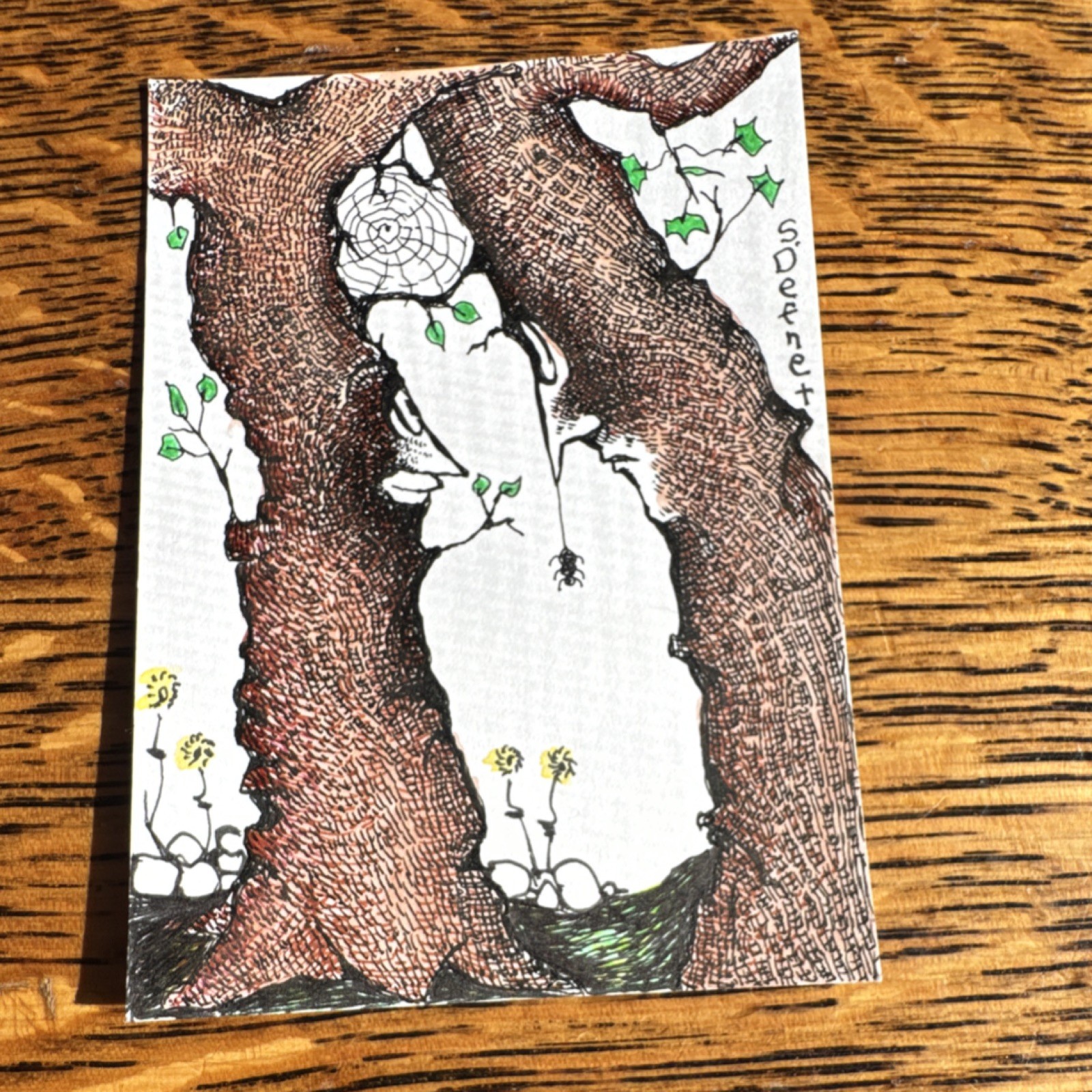 ACEO original S Defnet Teaser Tree S Ink /watercolor Signed OOAK Drawing