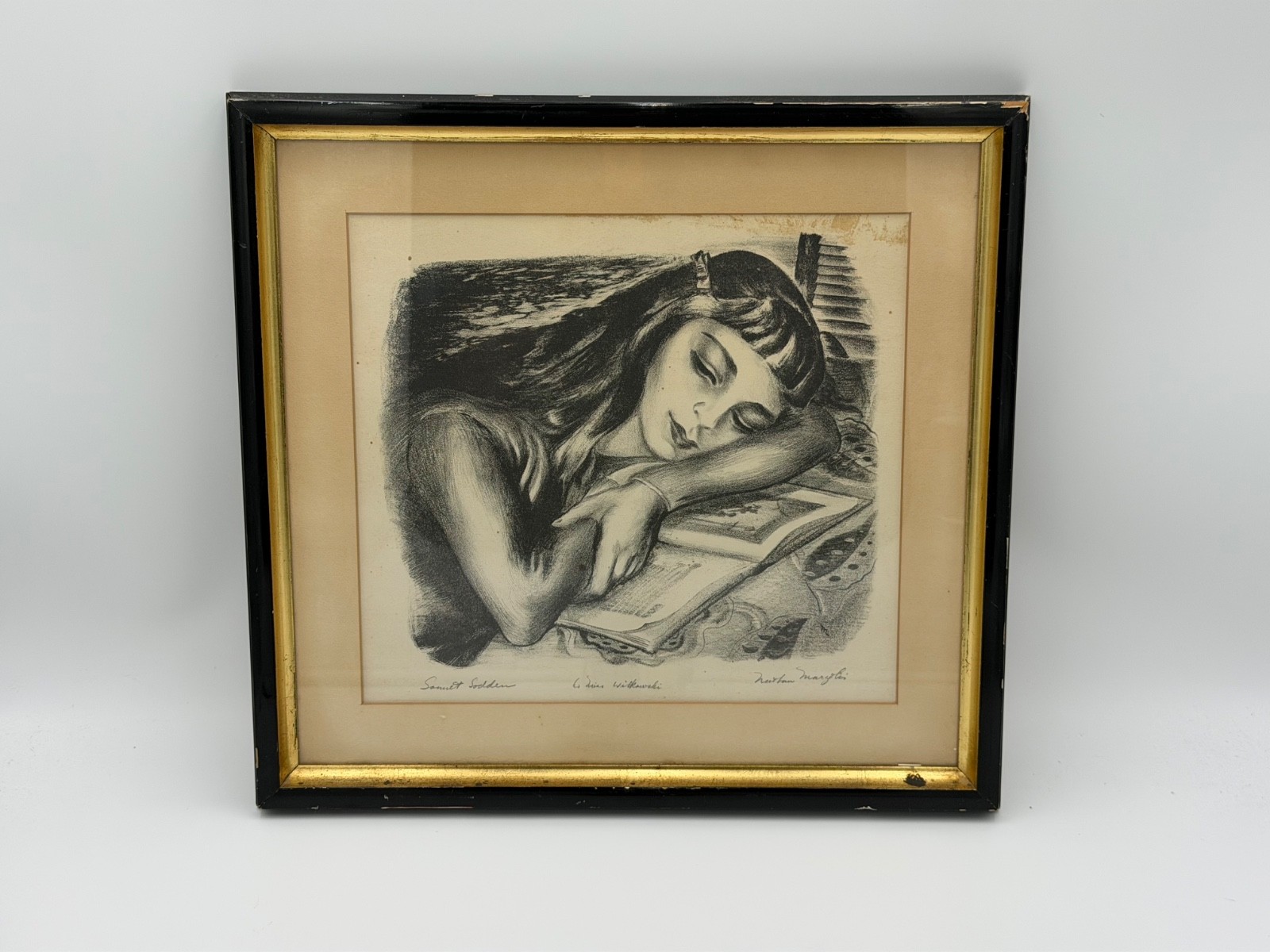 VINTAGE ORIGINAL DRAWING OF A YOUNG WOMAN FRAMED AND MATTED ART SIGNED