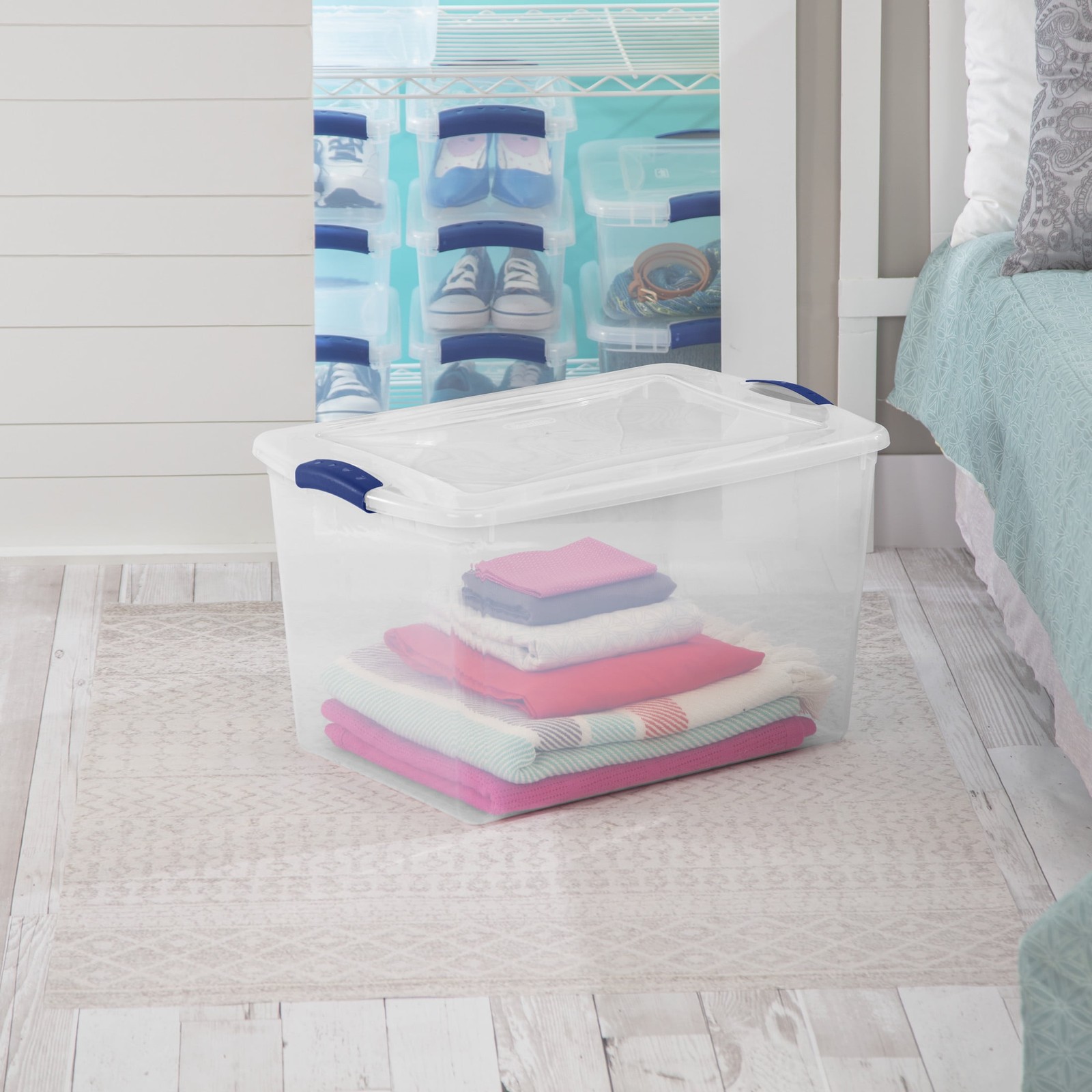 66 Quart Clear Storage Bin, Latching Lid Container, Blue