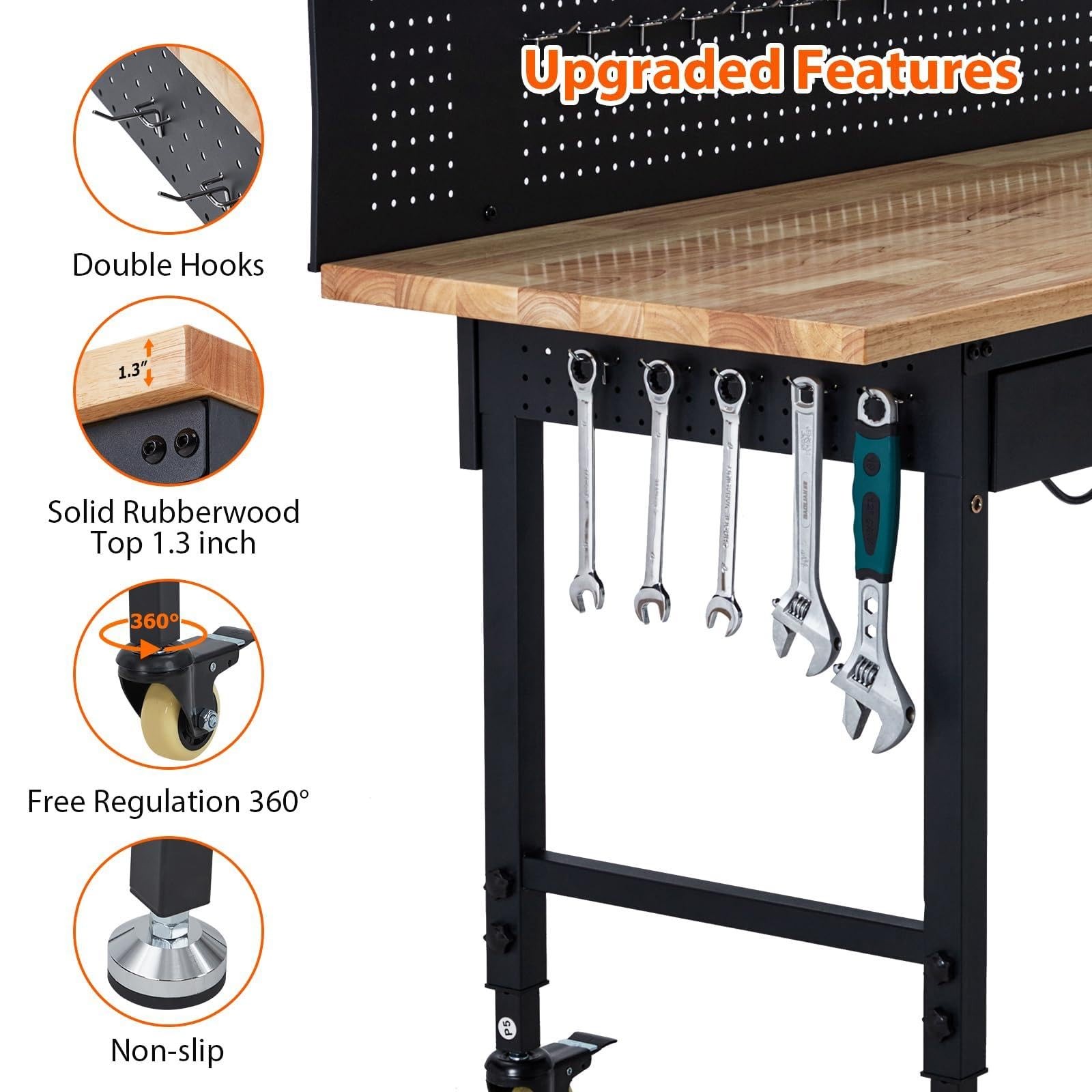 60" Adjustable Workbench w/ Pegboard & Power Outlets Work Bench Lockable Wheels