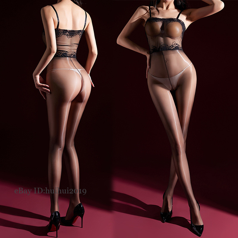Women Lace Tube Top Suspender Glossy Stockings Open Crotch Jumpsuit Pantyhose