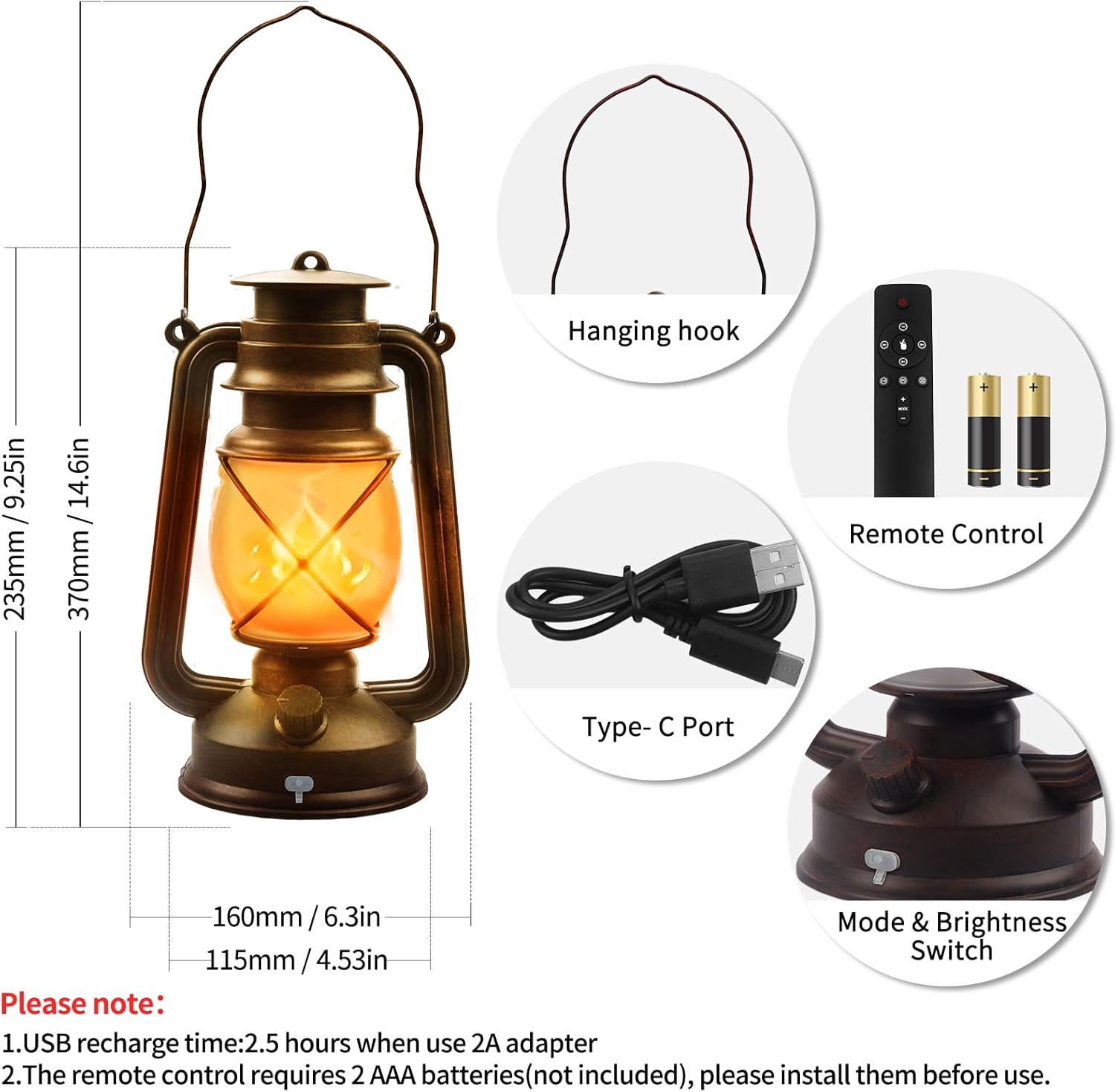 2 Pack Bronze Vintage 4 Modes Rechargeable Lanterns with Remote Control | Waterp