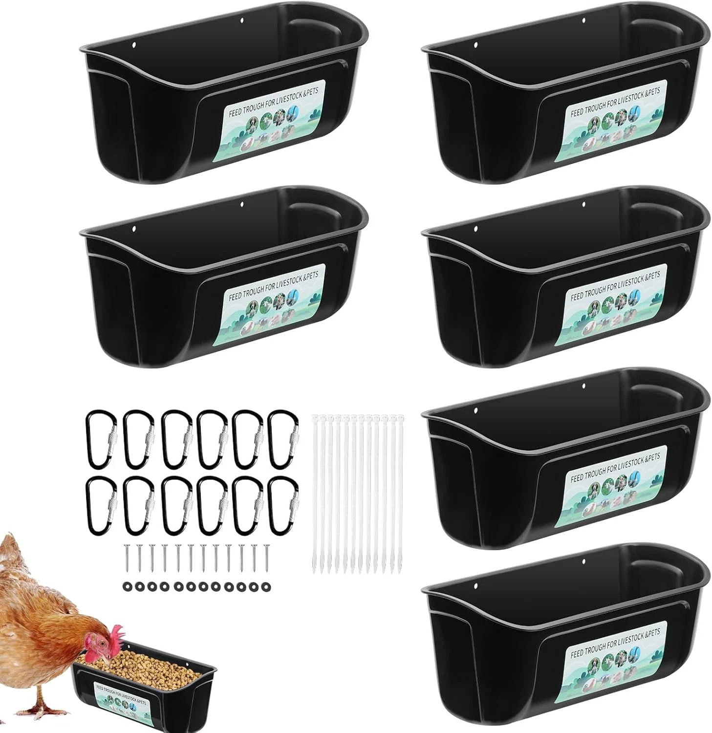 6 Pack Chicken Duck Feeder, Poultry Feeders and Waterers, Hanging Goat Feeder, L