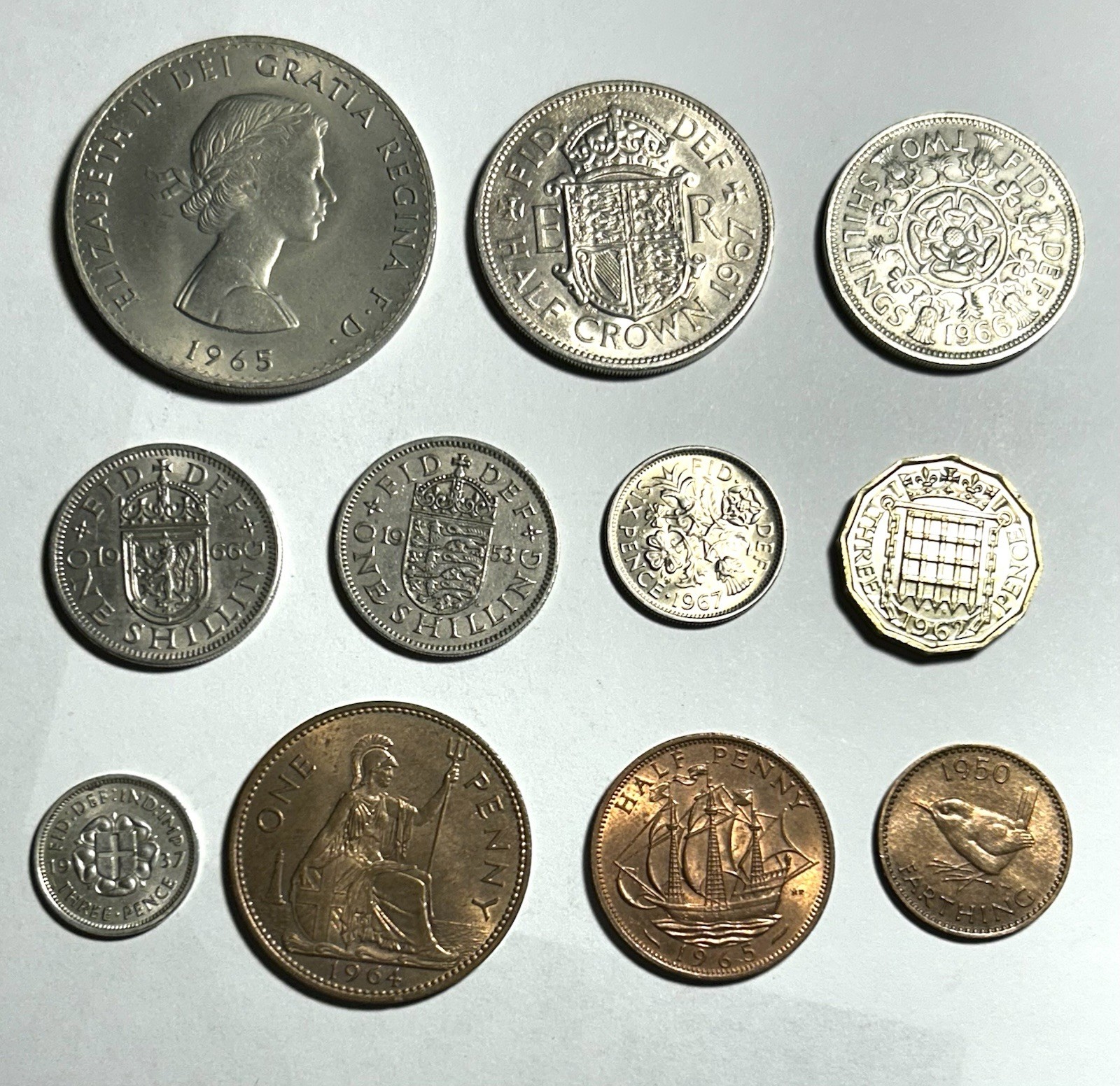 British Pre-Decimal Type Coin Set. 11 Coins With The Crown And Silver 3 Pence