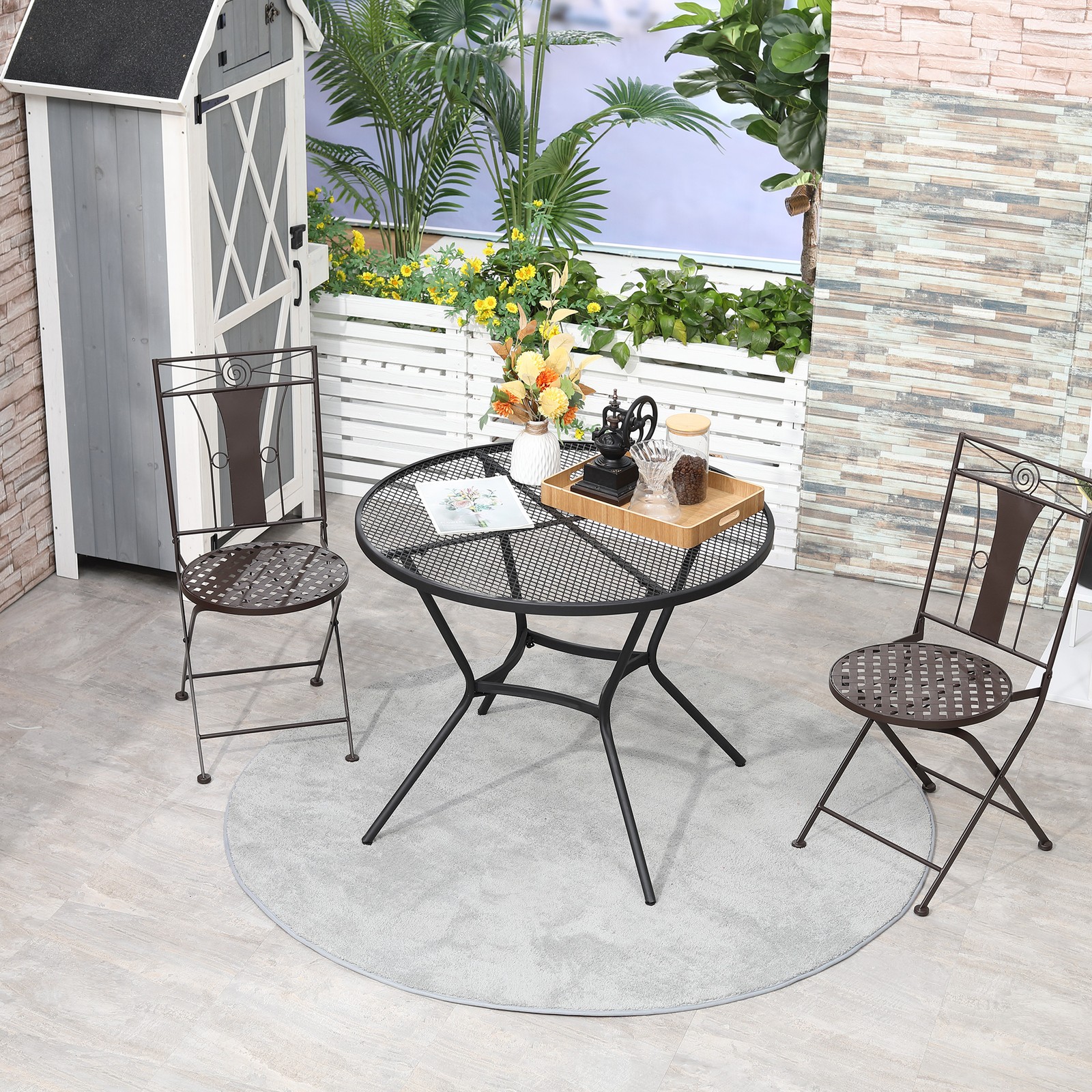 35" Round Outdoor Steel Dining Table w/ Wire Mesh Table Top for Garden, Patio