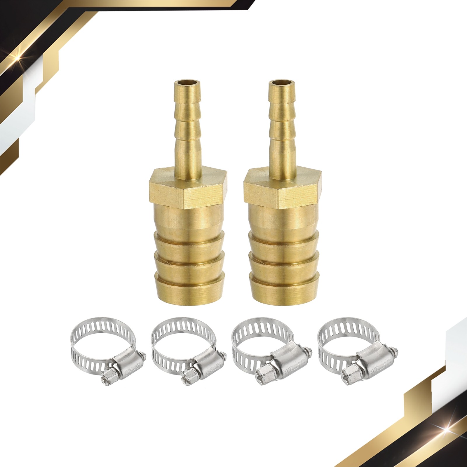 2 Pcs 1/4" to 5/8" Brass Hose Barb Reducer with 4 Clamps for Air Water Fuel