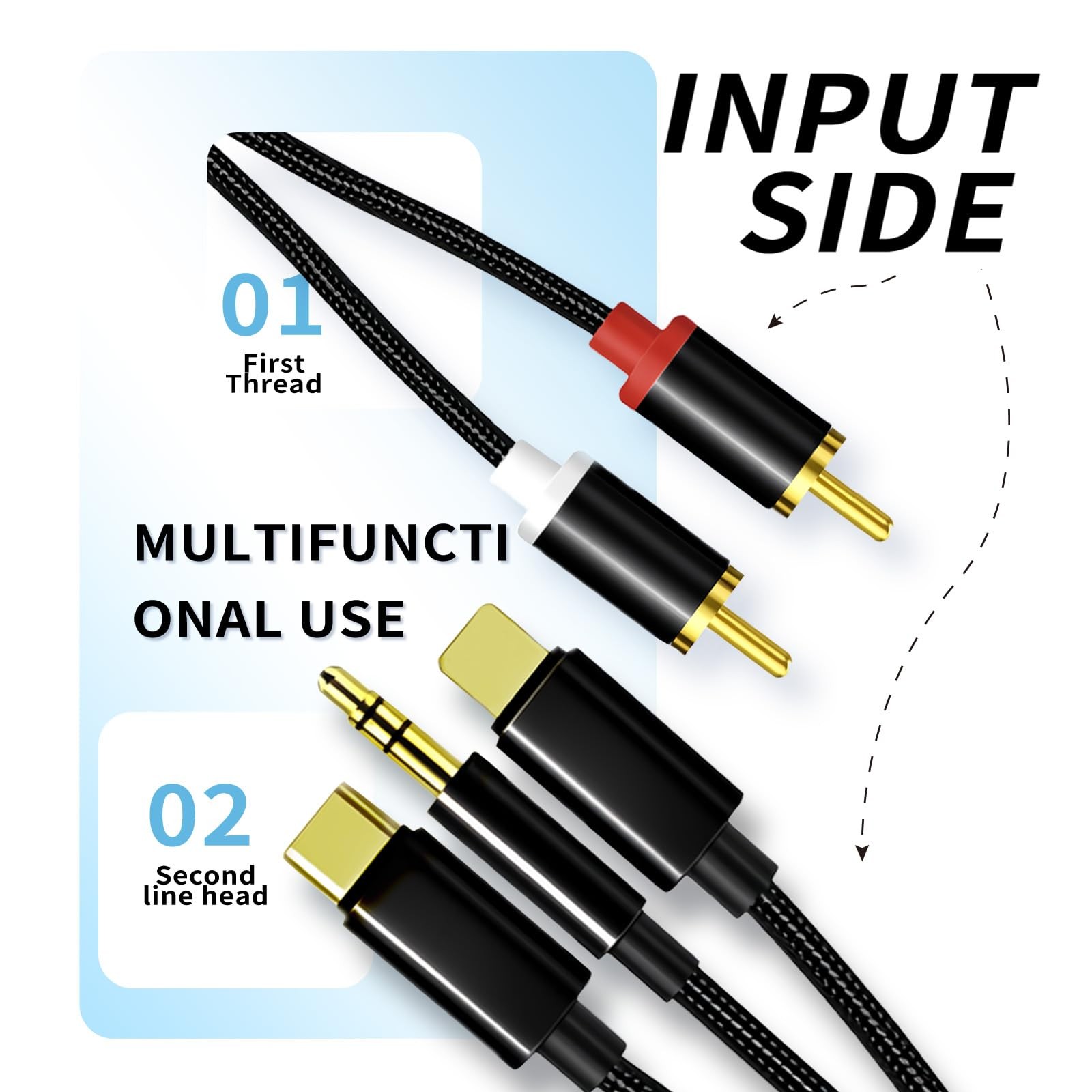 Lightning to RCA Cable Audio Aux Adapter,RCA 3.5mm Cable，USB C 2 Black