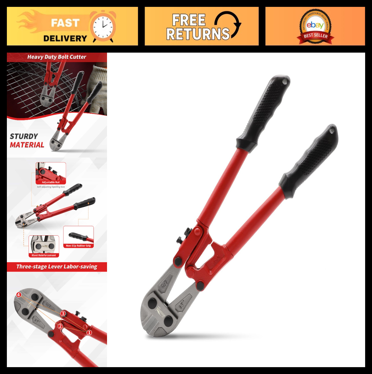 Heavy Duty 14" Bolt Cutters - Comfort Grip, Cut Padlocks, Chains, Cables & More