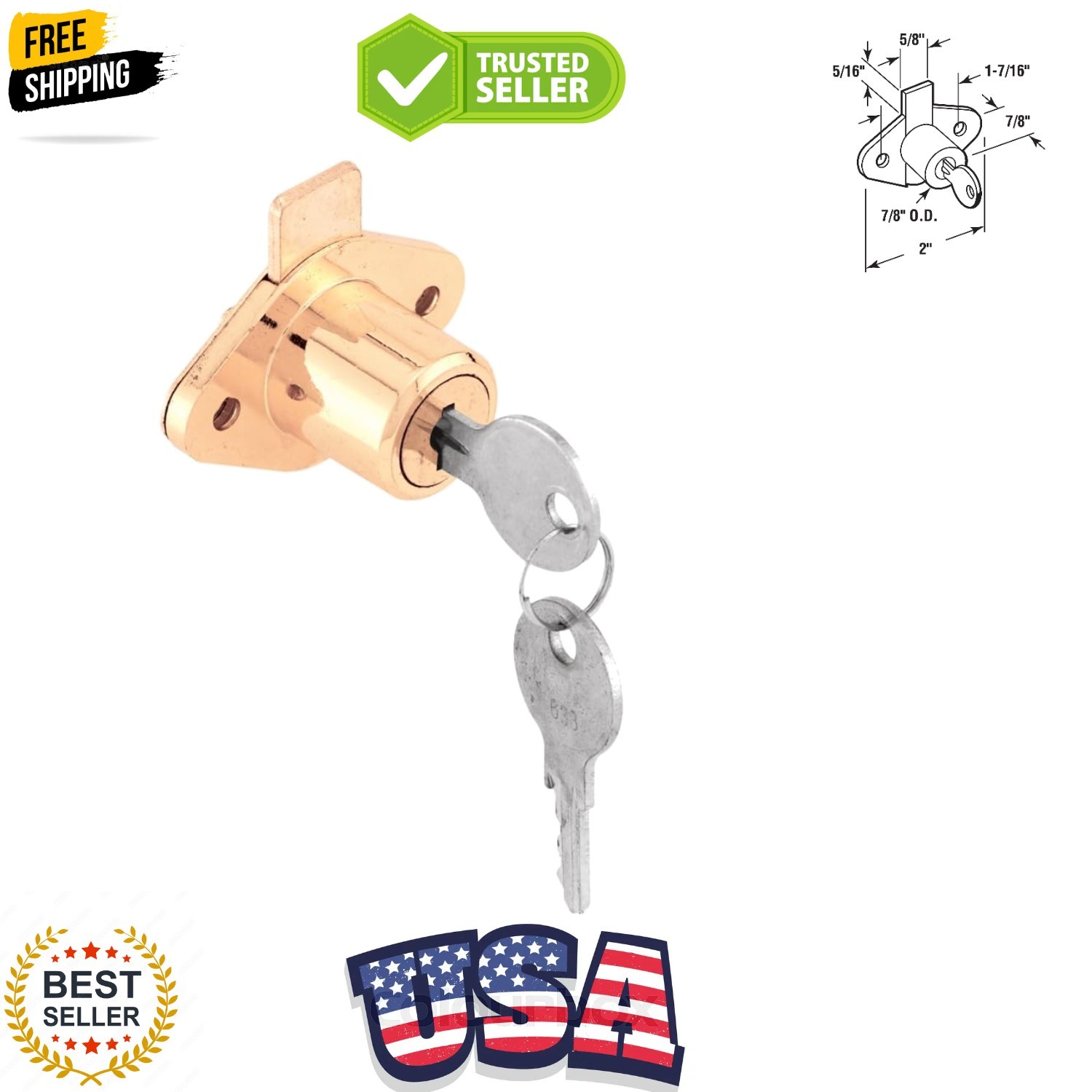 U 9947 Diecast Drawer and Cabinet Lock, Fits 7/8 Inch Max Panel Thickness, Br...