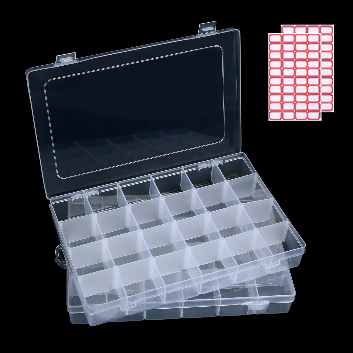 2Pack 24-Grid Clear Plastic Bead Organizer Box with Adjustable Dividers | Clear