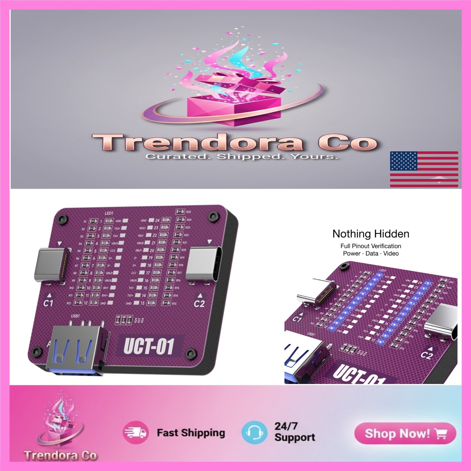 Effortless USB C & A Wire Checker - Purple Diagnostic Tool with Batteries