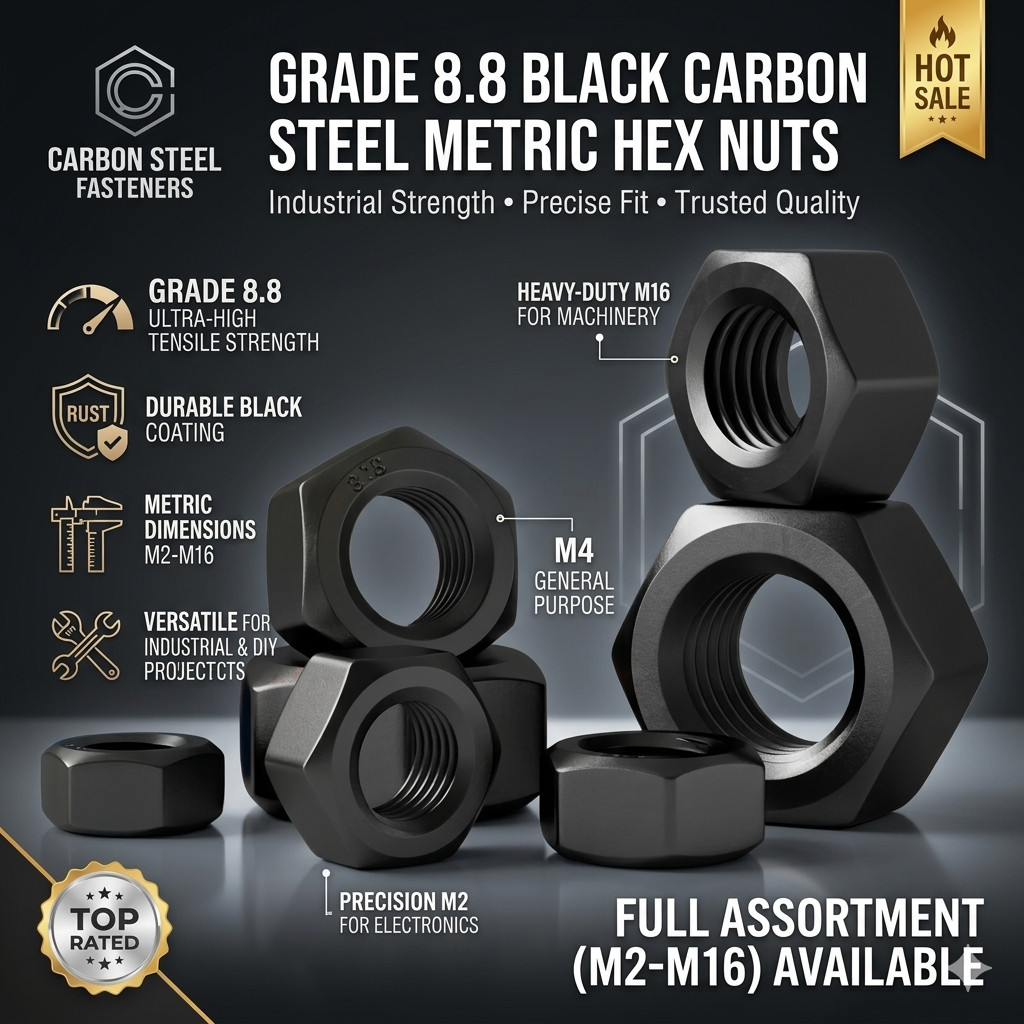 M2–M16 Hex Nuts Grade 8.8 Black Carbon Steel Metric Hexagon Nuts High Strength