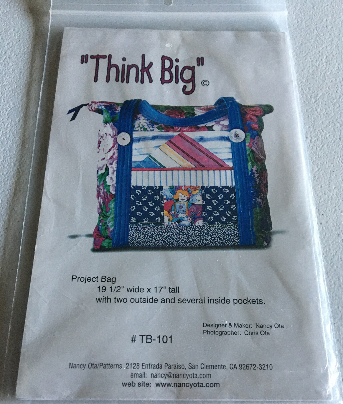 NANCY OTA PATTERN #TB-101 “THINK BIG” Project Bag 19-1/2” w X 17” tall NIP