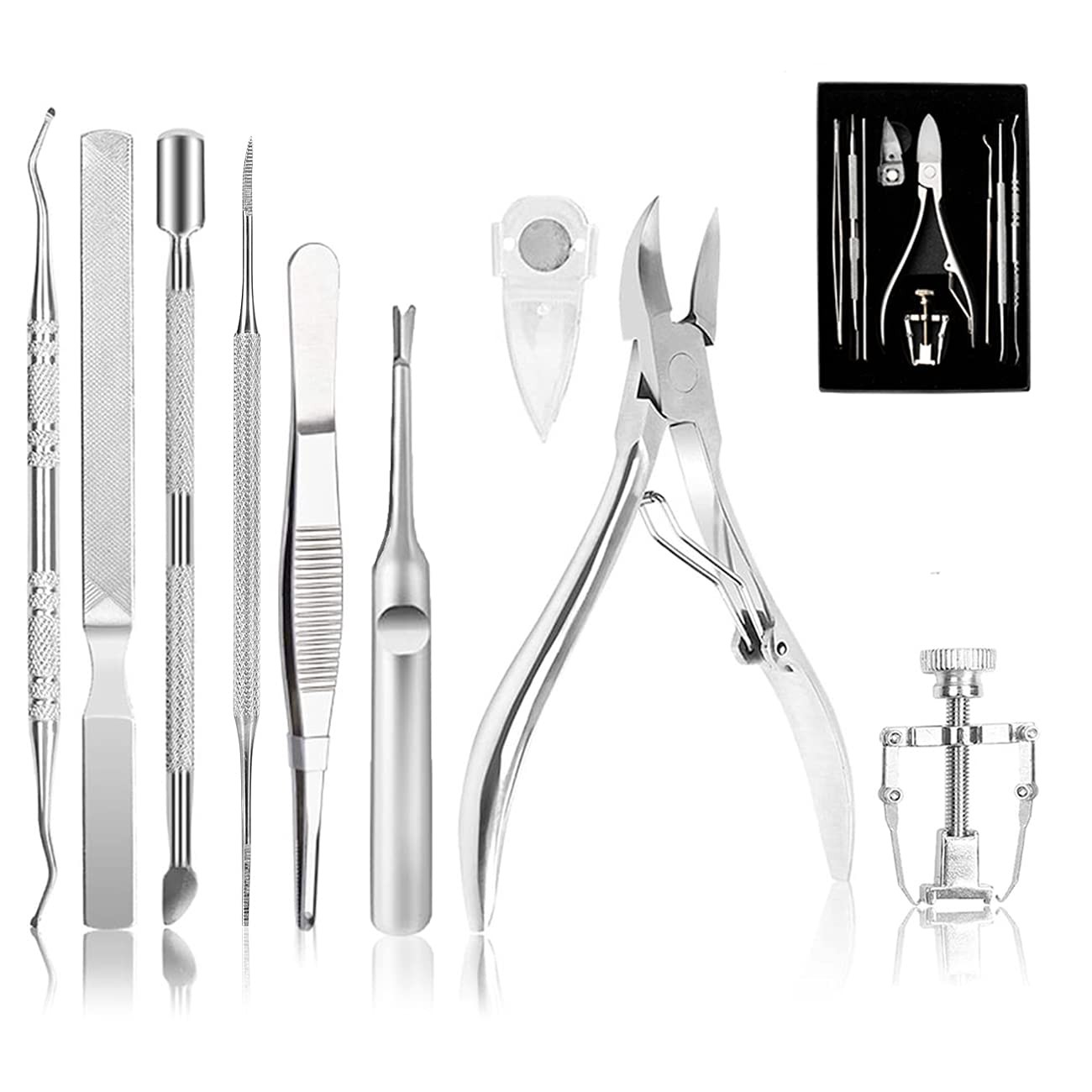 Ingrown Toenail Tool Kit (9PCS), Professional Toe Nail 9 Piece Set, Silver