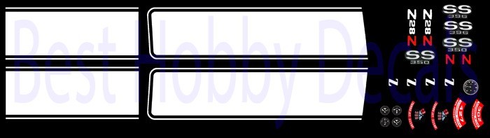 1969 CAMARO Z28 HOOD & TRUNK STRIPES 1/25th Scale Waterslide Decal for BLACK car