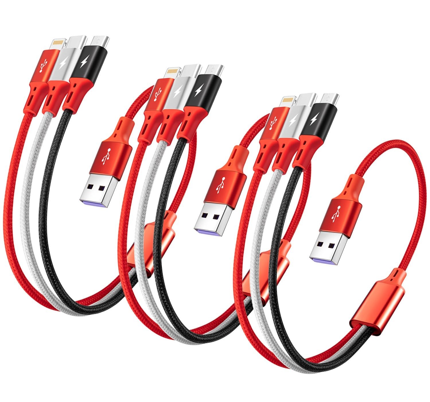 1Ft Multi Charging Cable Short Multi Charger Cable 3 in 1 Braided Unive..