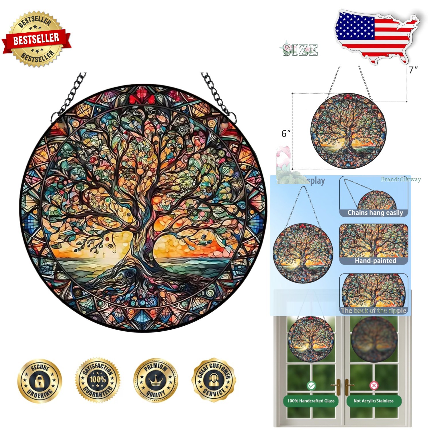 Handmade Tree of Life Stained Glass Suncatcher 6x6" Window Hanging