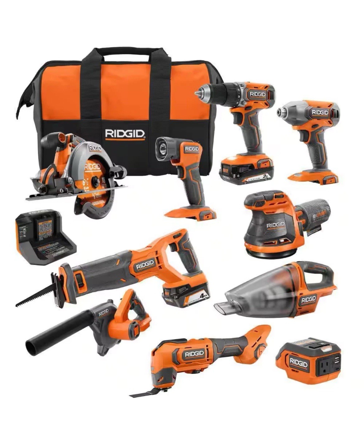 18V Ridgid 10-Tool Combo Kit w 2Ah, 4 Ah Battery, Charger, and (2) Tool Bags