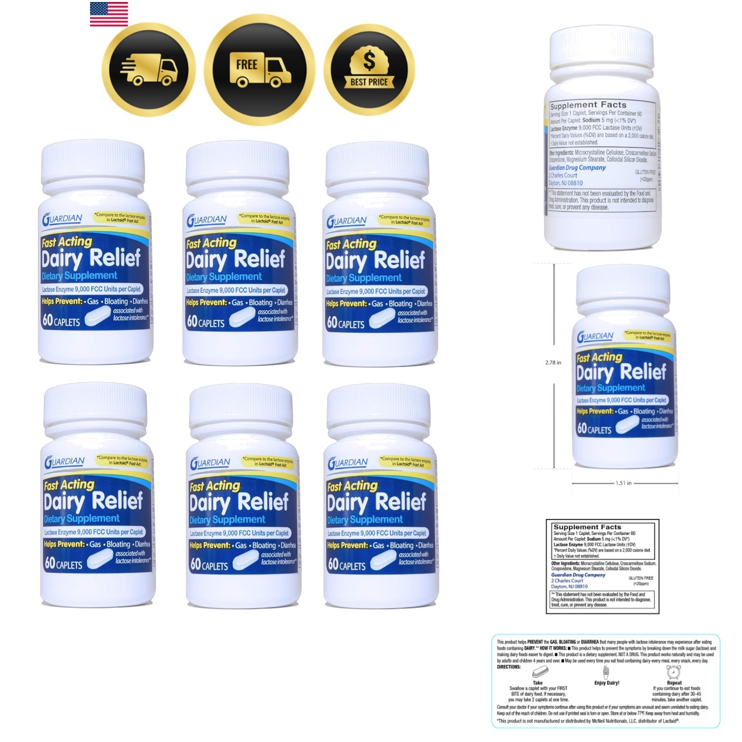 Dairy Relief Fast Acting Caplets, 9000 , Lactose Intolerance Pills, Lactase E...