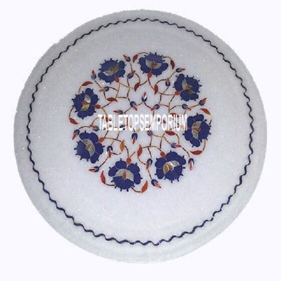 12'' White Marble Inlay Table Top Lapis Stone Pietra Dura Handmade Art Furniture
