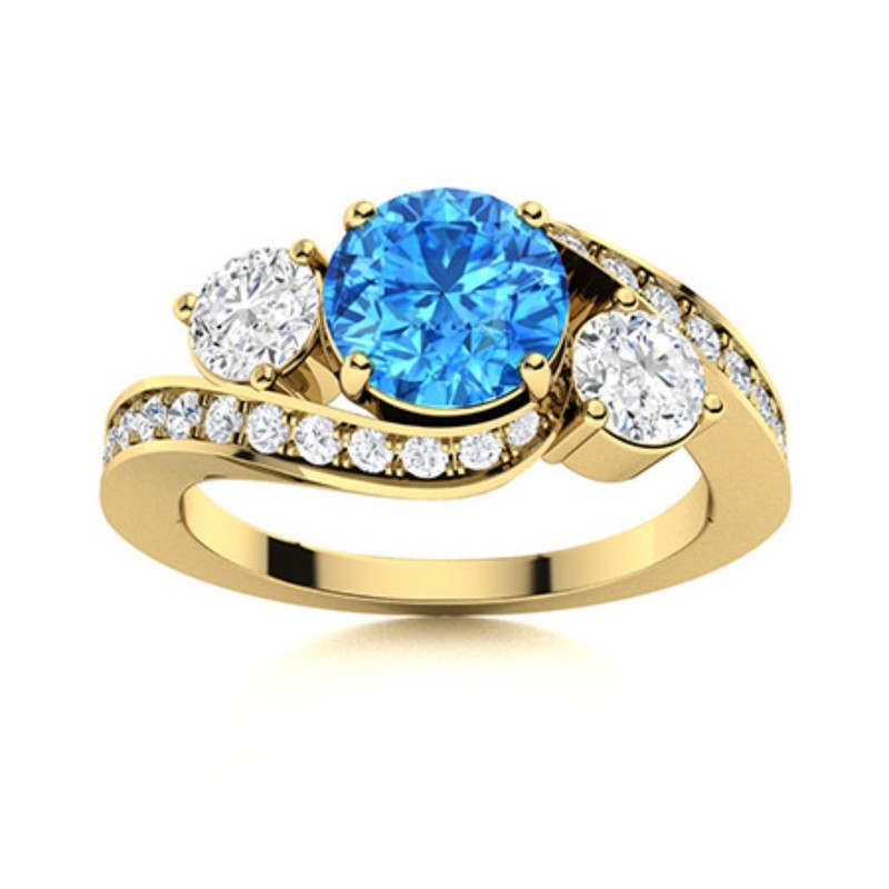Swiss Blue Topaz & White Topaz 5MM Round 925 Silver Gold Plated Three Stone Ring