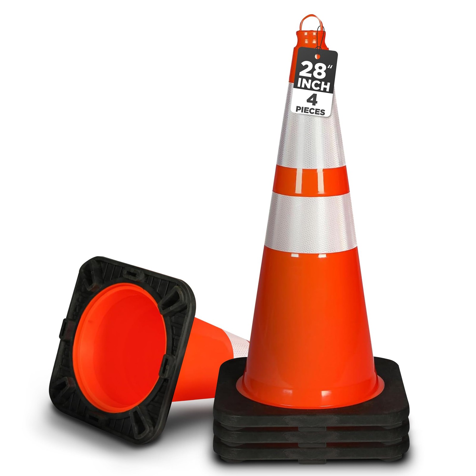 Pyle 28" Safety Traffic Cones, 4-Pack Orange Parking Cones w/Reflective Collars