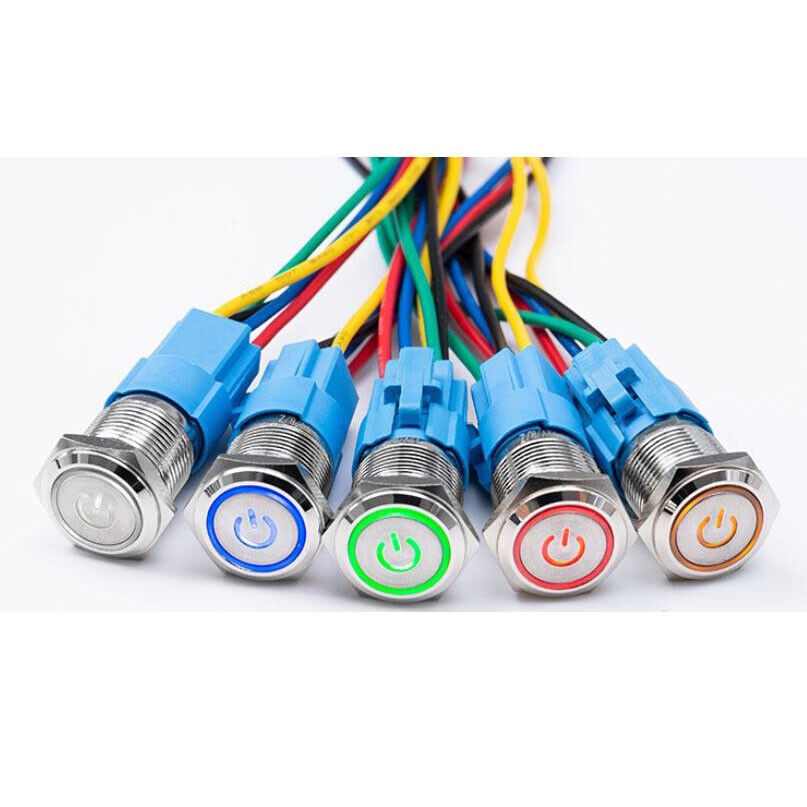 16mm 12V LED Power Symbol Metal Push Button Toggle Switch w/ Wire Socket Harness