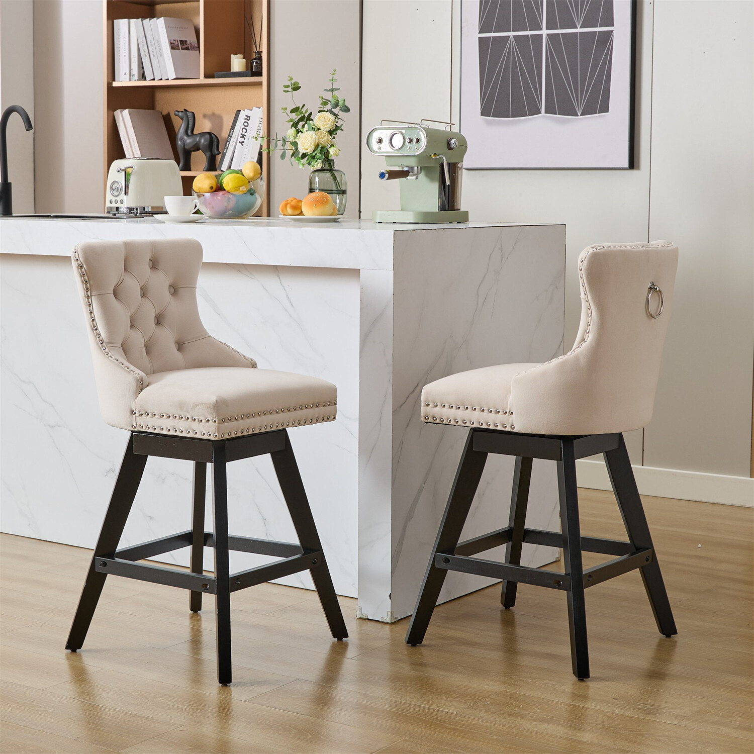Set of 2 Swivel Velvet Bar Stools Bar Chair Counter Height Dining Chair