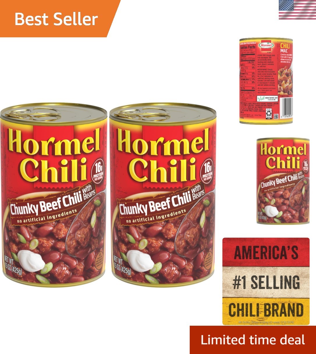 15 Oz Chunky Beef Chili with Beans - No Additives, Perfect for Recipes (2 Pack)