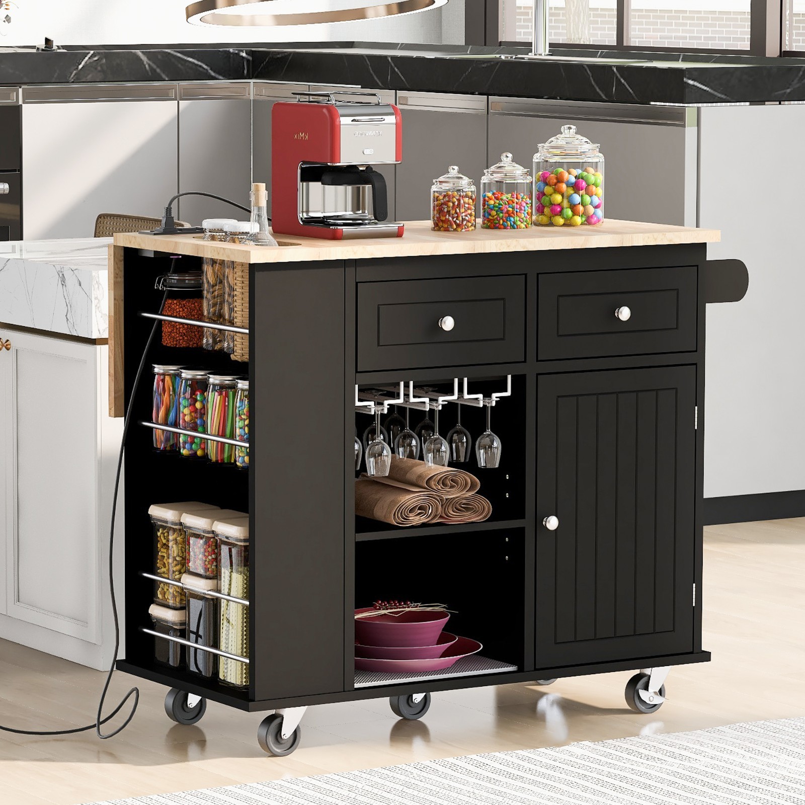 Kitchen Island w/Power Outlet Drop Leaf Rubber Wood Wine Rack 5 Wheels for Home