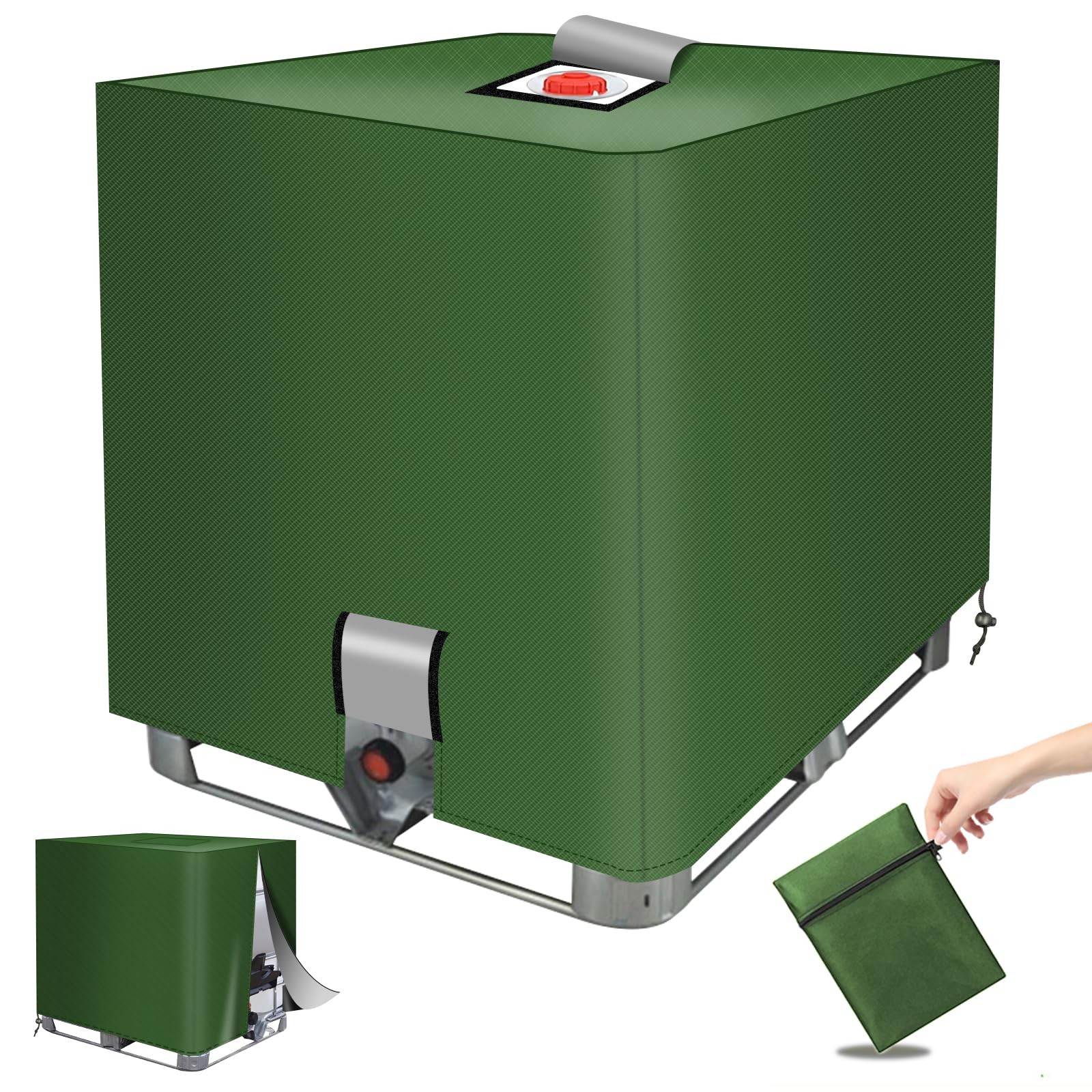 DTNESS IBC Tote Cover 275 Gallon, 420D Green Tarpaulin with Zipper &