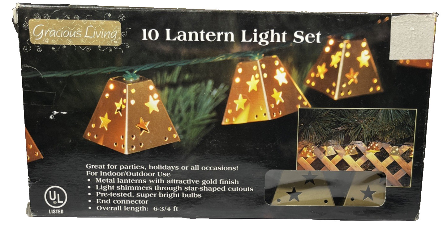 Gracious Living 10 Gold Metal Lantern String Light Set Super Bright NEW Sealed