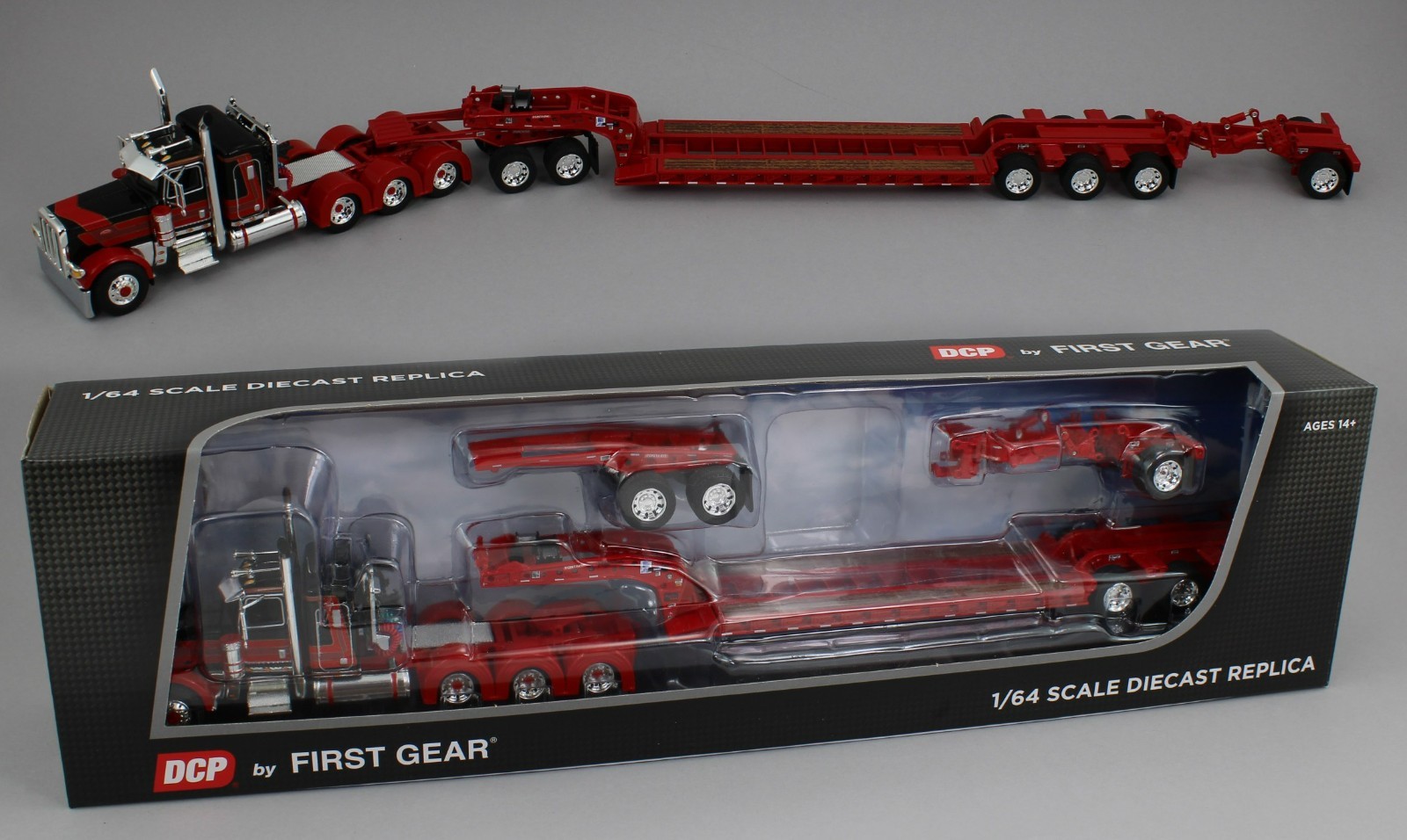 DCP 1:64 *RED & BLACK* Peterbilt 389 36" Flattop HEAVY HAUL Lowboy Jeep Stinger