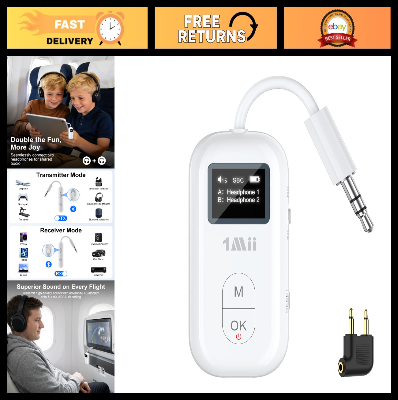 Bluetooth Airplane Adapter for AirPods | 3.5mm AUX Transmitter Receiver, Dual Li