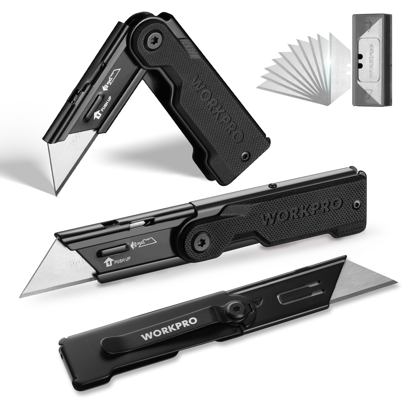Utility Knife 3 Pack Folding G10 Handle Black WORKPRO