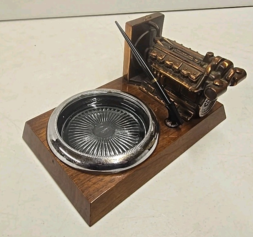 Vintage Caterpillar Advertising Executive Desk Set Ashtray W/ Bronze D397 Engine