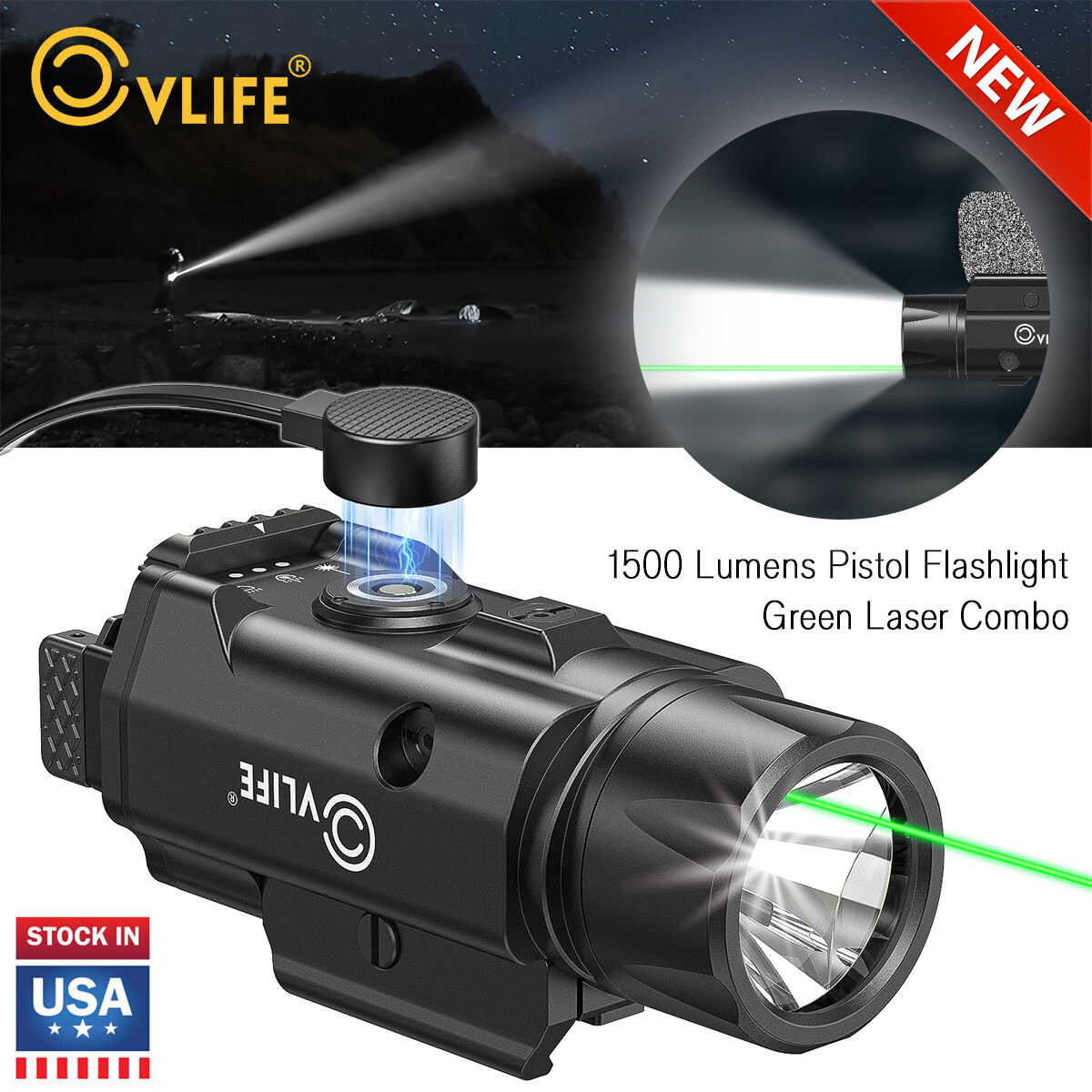 Powerful1500 Lumens Pistol Flashlight with Green Laser GL/Picatinny Rail Mounted