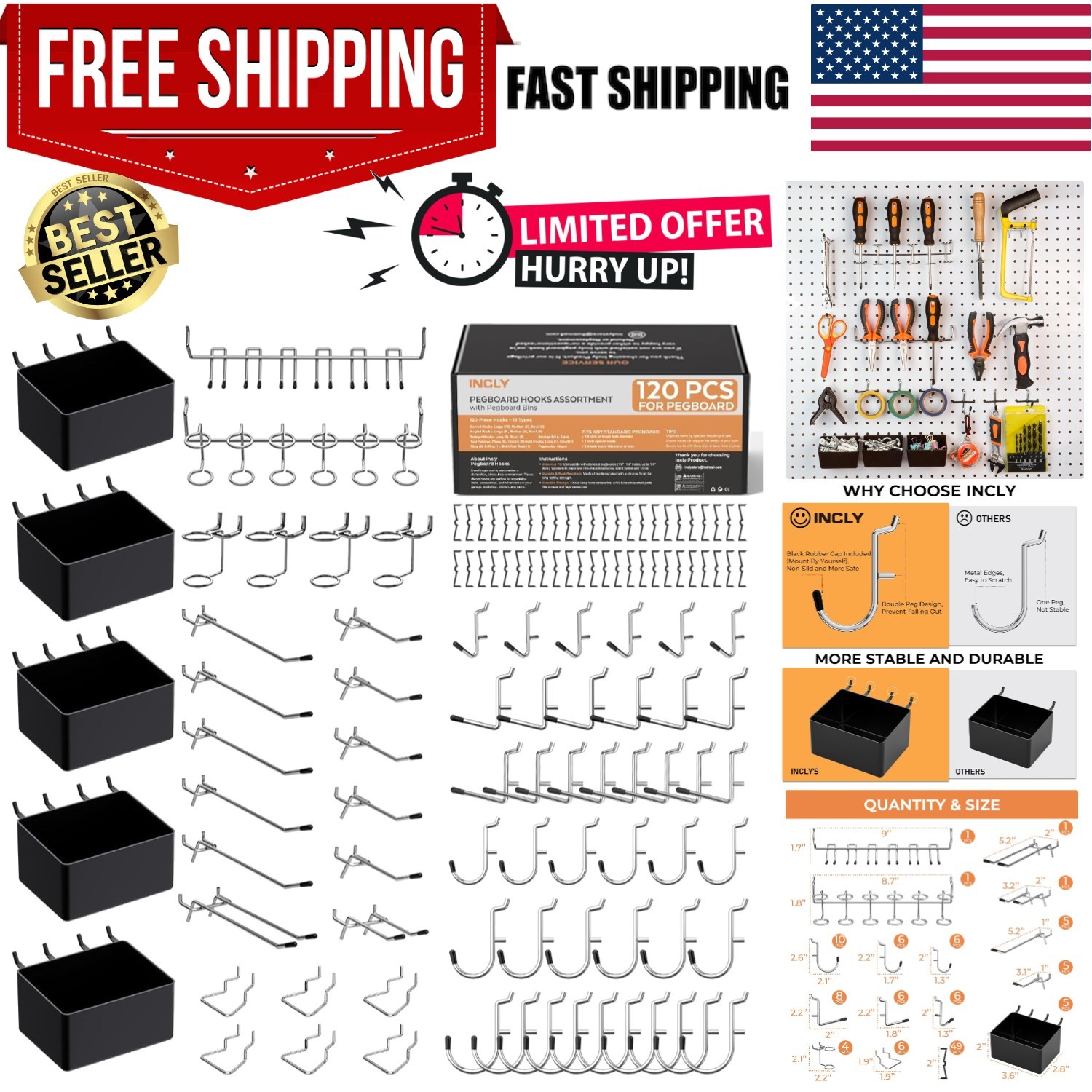 120PCS Pegboard Accessories Organizer Kit, Peg Board Hooks Assortment with Bi...