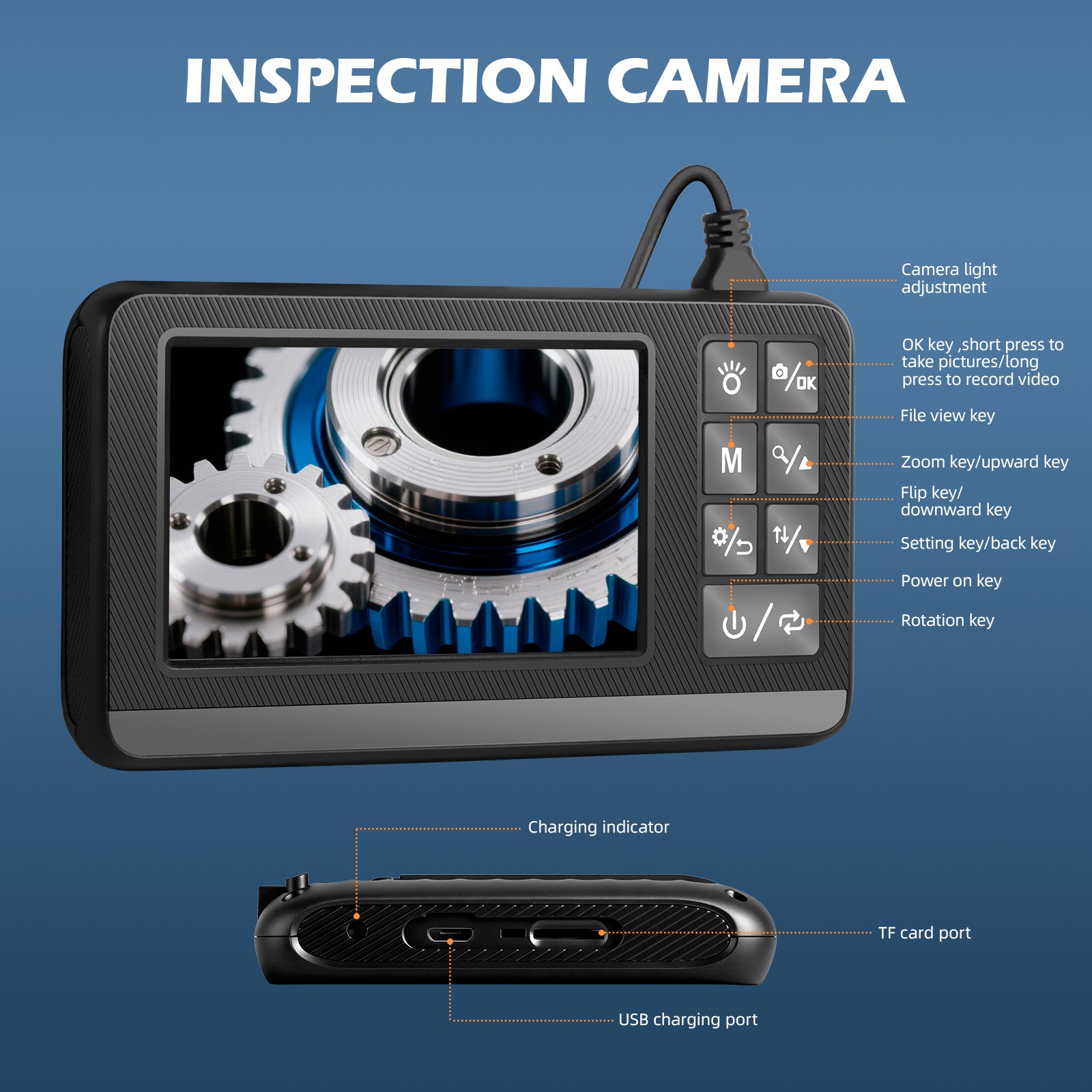 Dual Lens 5M IP67 Waterproof Inspection Camera Integrated Display Screen