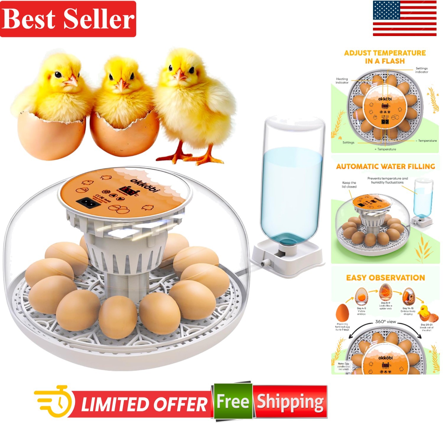 Precision Egg Hatching with Okkobi M12 Incubator - 12/24 Eggs & 5- Assurance