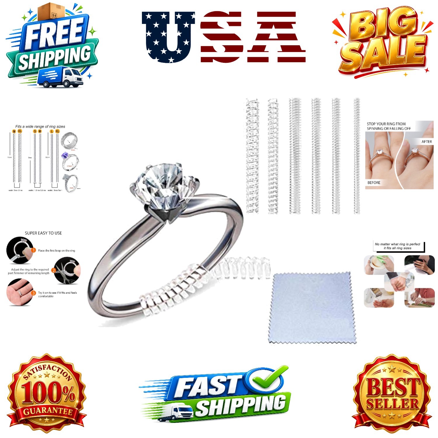 Ring Sizers for Loose Rings, Ring Size Adjuster Spacers or Tightener, Invisib...