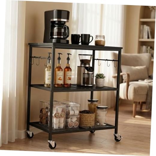 Rolling Kitchen Microwave Cart, Utility Cart | with Lockable 3-Tier Black