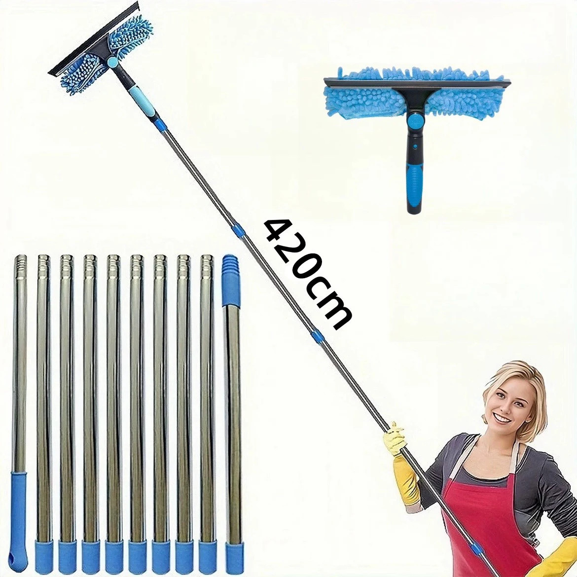 Extended Window Cleaning Kit 2 in 1 Double Sided Glass Squeegee Cleaner Duster M