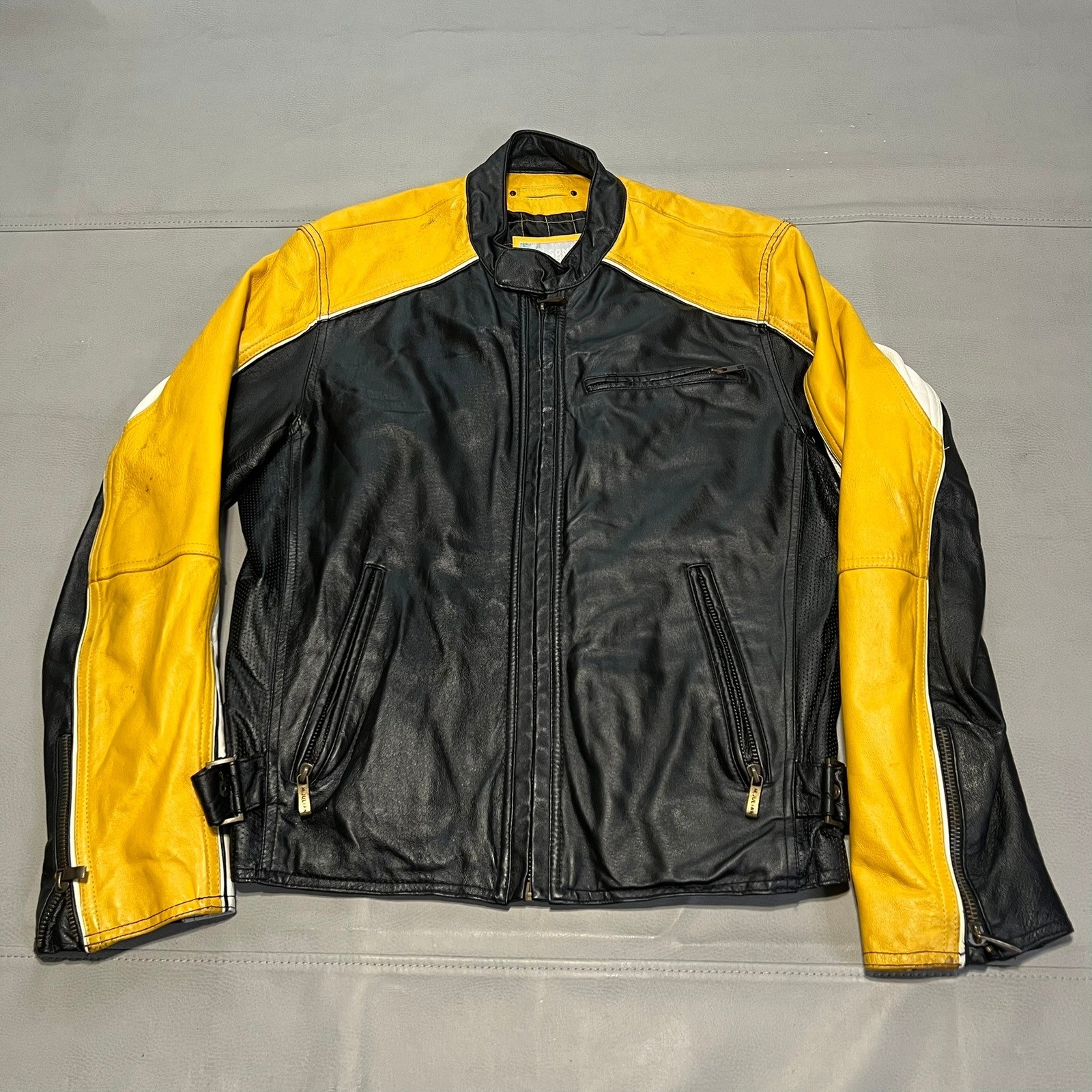 VTG Wilsons Men Y2K Black/Yellow Leather Moto Bike Jacket Zip Race Buckle Back-M